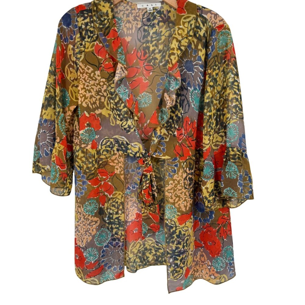Cabi Women's Floral Shakespeare ruffle duster topper Tie Front size Medium